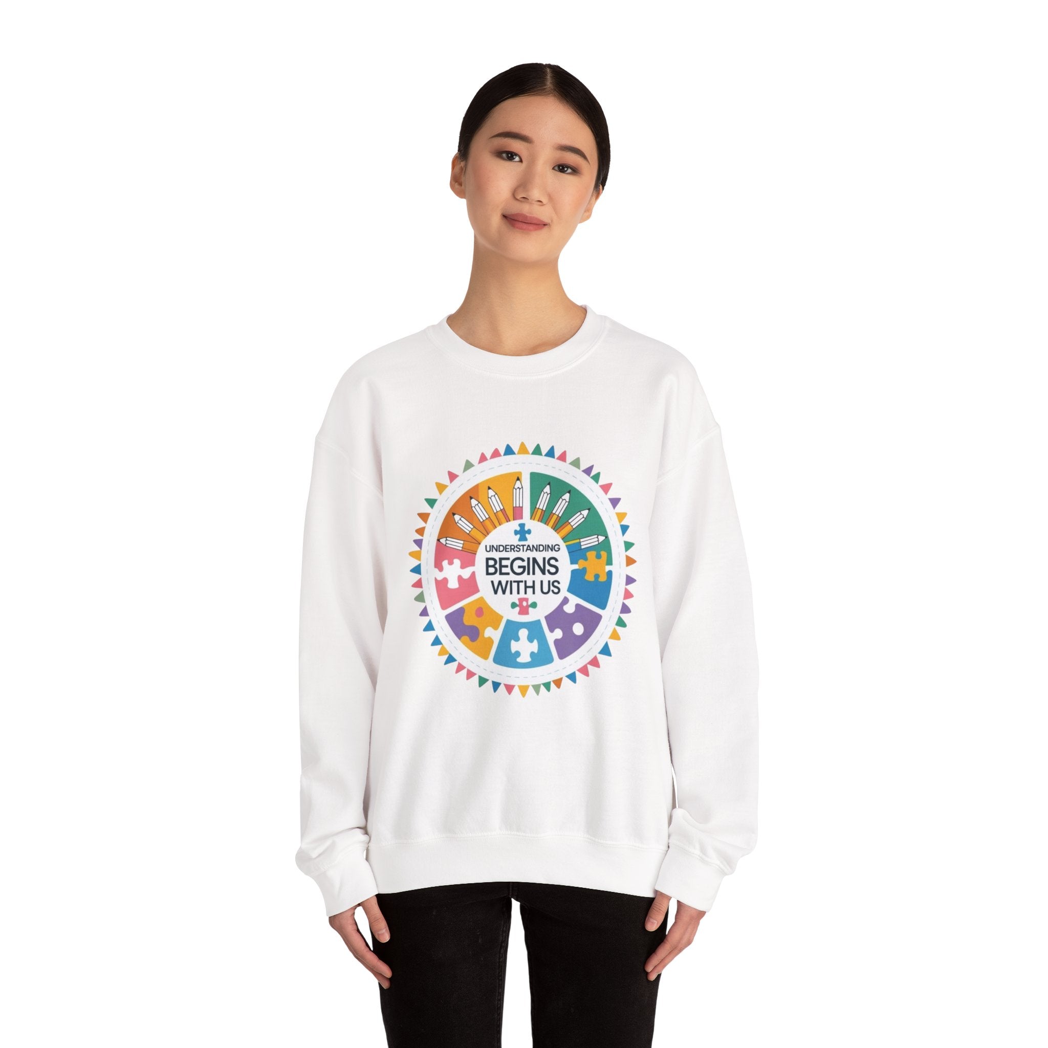 Colorful Puzzle Design Crewneck Sweatshirt - Cozy Gift for Awareness Support, Social Causes, Team Spirit, Soft Pullover