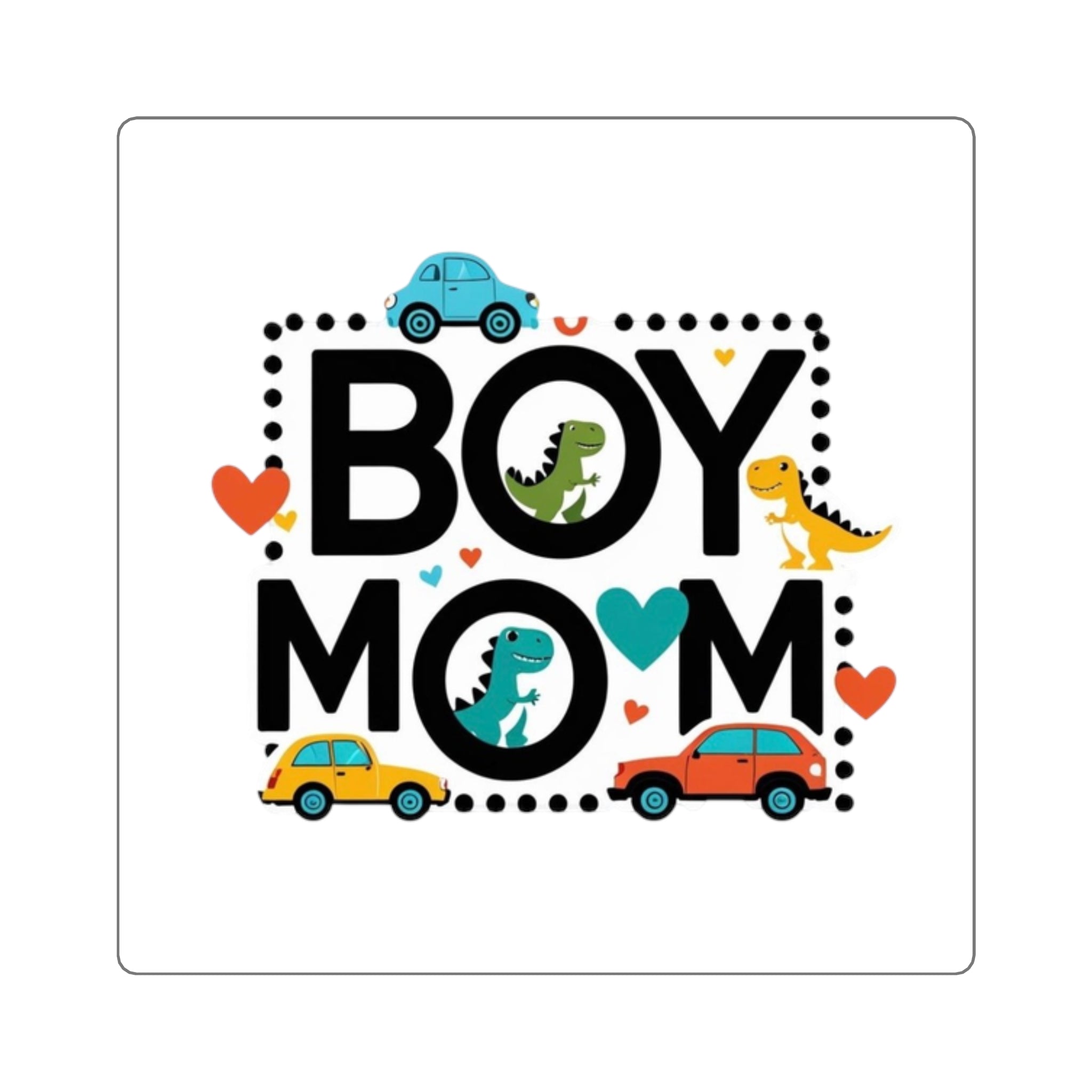 Fun Boy Mom Square Stickers - Cute Kid-Friendly Car & Dinosaur Designs for Laptops, Water Bottles, Journals, Crafts, Gifts